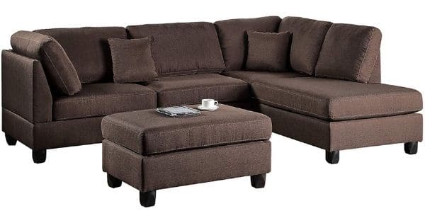 Poundex F7608 Bobkona Dervon Linen-Like Left or Right Hand Chaise Sectional with Ottoman Set