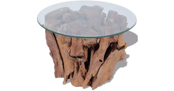 Solid Teak Driftwood Coffee Table Glass Tabletop, vidaXL